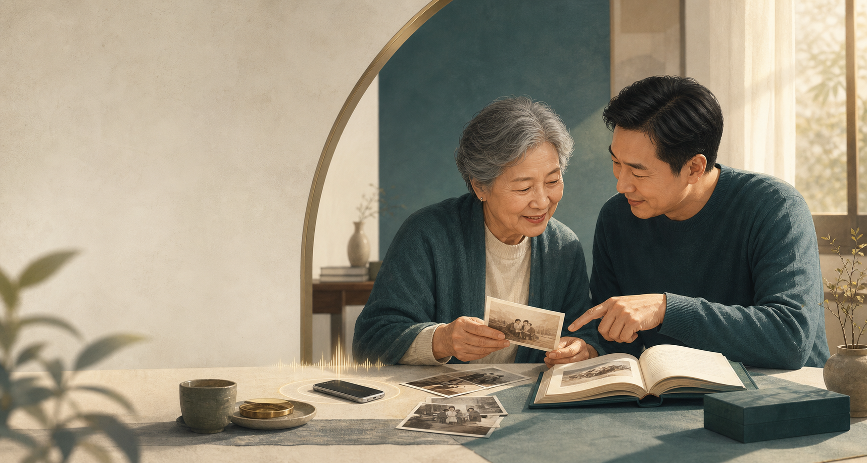 长辈与家人在家中翻看老照片，共同整理一本人生回忆录